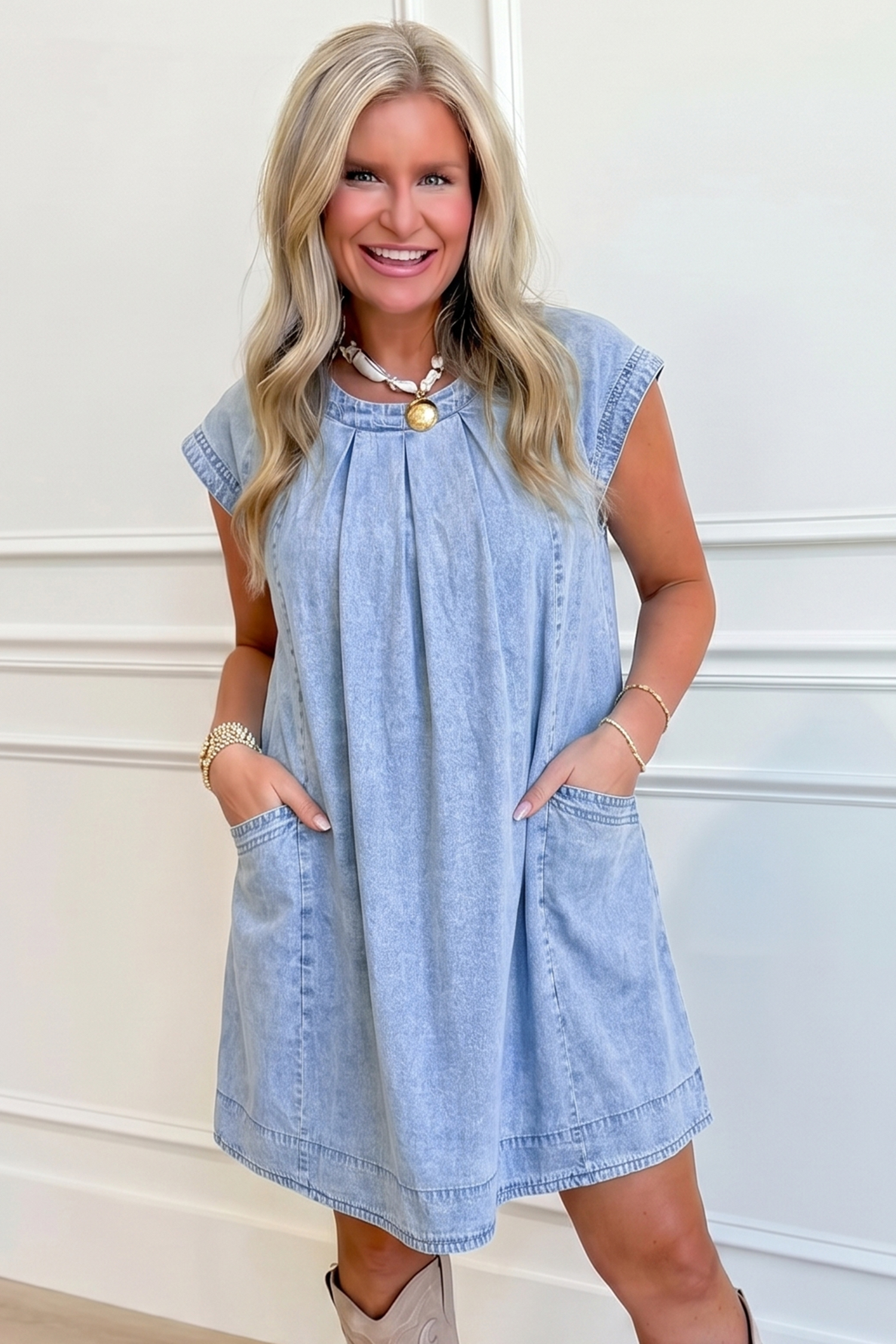 Women's Summer Denim Dress – Pleated Shift Dress Gift for Her - Detail View 6 Women's Summer Denim Dress – Pleated Shift Dress Gift for Her - Detail View 6