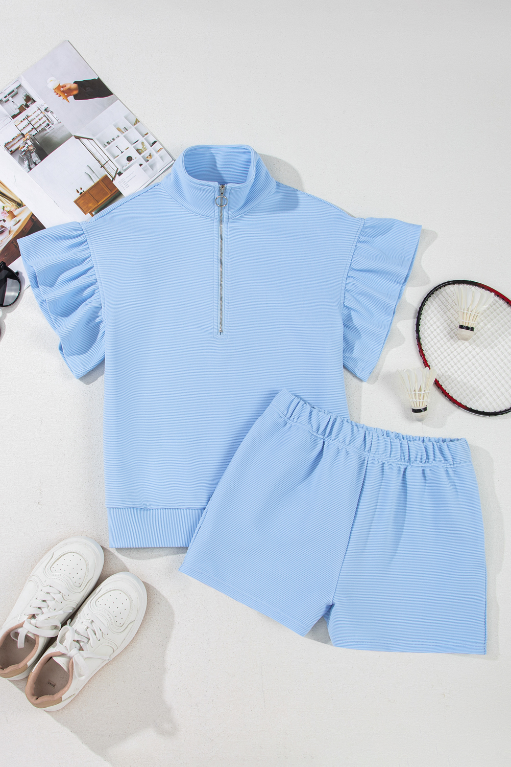Stylish Summer Outfit for Women - Beau Blue Ruffled Sleeve Top and High Waist Shorts Set - Detail View 7 Stylish Summer Outfit for Women - Beau Blue Ruffled Sleeve Top and High Waist Shorts Set - Detail View 7