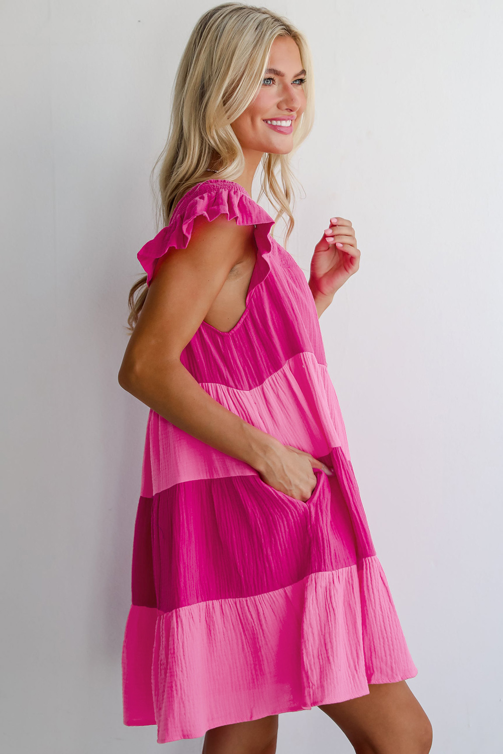 Casual Summer Mini Dress: Pink Color Block Design with Tiered Silhouette - Detail View 3 Casual Summer Mini Dress: Pink Color Block Design with Tiered Silhouette - Detail View 3