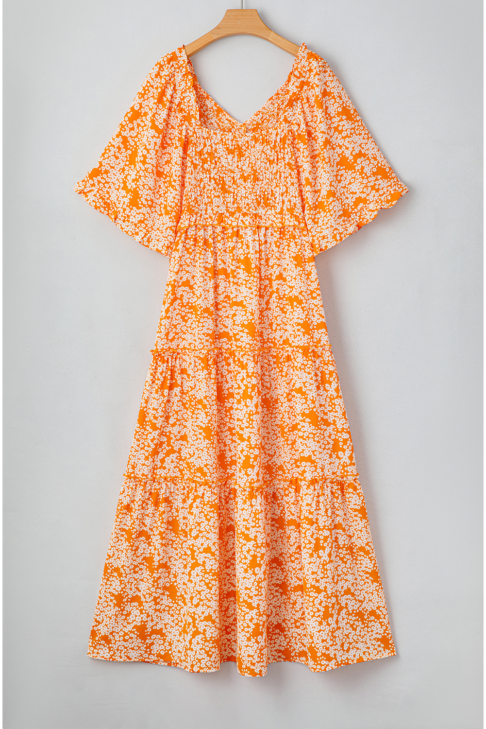 Women's Orange Floral Print Smocked V Neck Wide Sleeve Maxi Dress for Summer - Detail View 9 Women's Orange Floral Print Smocked V Neck Wide Sleeve Maxi Dress for Summer - Detail View 9