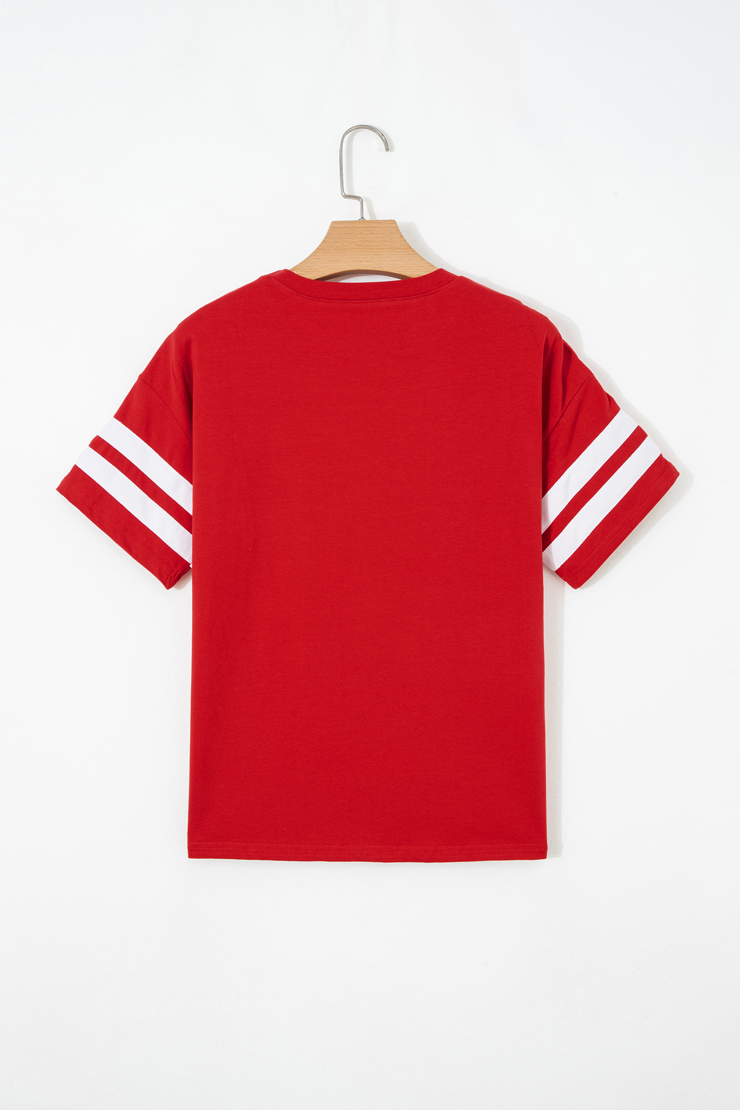 Women's Fiery Red Shift Tee – Varsity Striped Short Sleeve Crew Neck Top, Great Gift for Her - Detail View 3 Women's Fiery Red Shift Tee – Varsity Striped Short Sleeve Crew Neck Top, Great Gift for Her - Detail View 3