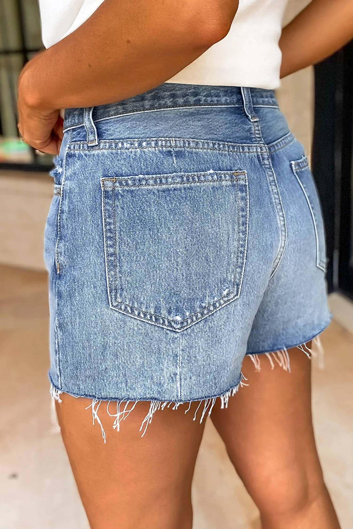 Women's Acid Wash Denim Shorts with Raw Hem – High Waisted Casual Jean Shorts for Daily Summer Style - Detail View 5 Women's Acid Wash Denim Shorts with Raw Hem – High Waisted Casual Jean Shorts for Daily Summer Style - Detail View 5