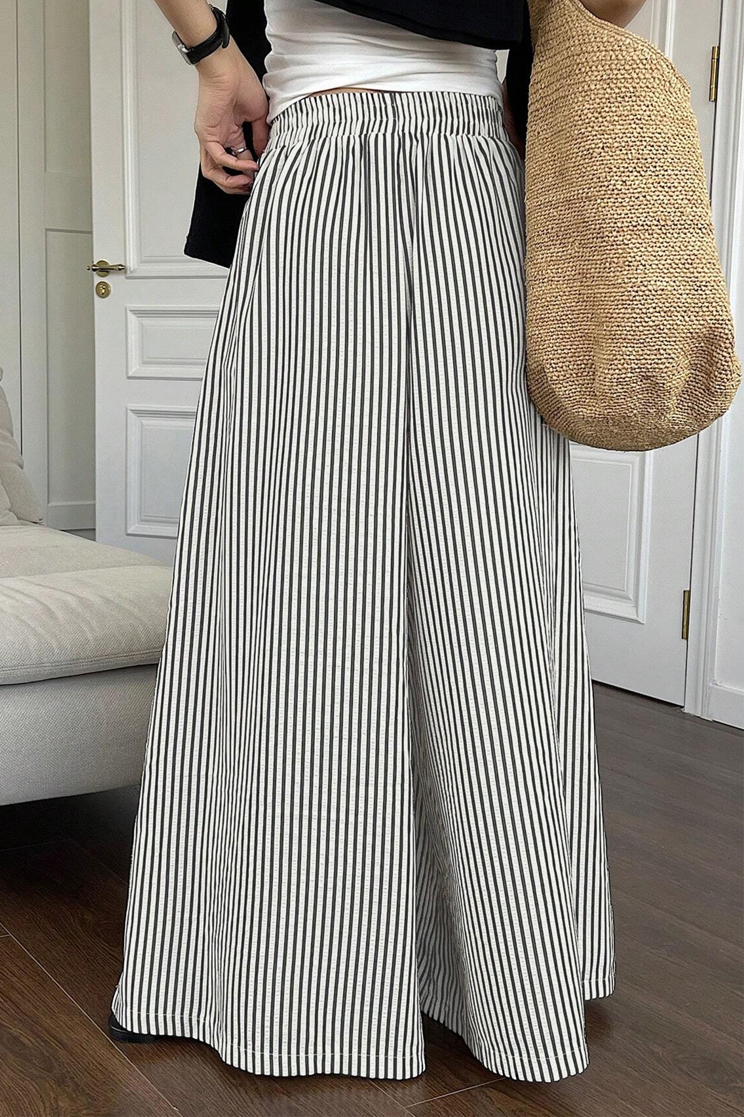 Chic Striped High Waist Wide Leg Pants – Women's Casual Shift Trousers, Stylish Gift for Her - Detail View 3 Chic Striped High Waist Wide Leg Pants – Women's Casual Shift Trousers, Stylish Gift for Her - Detail View 3