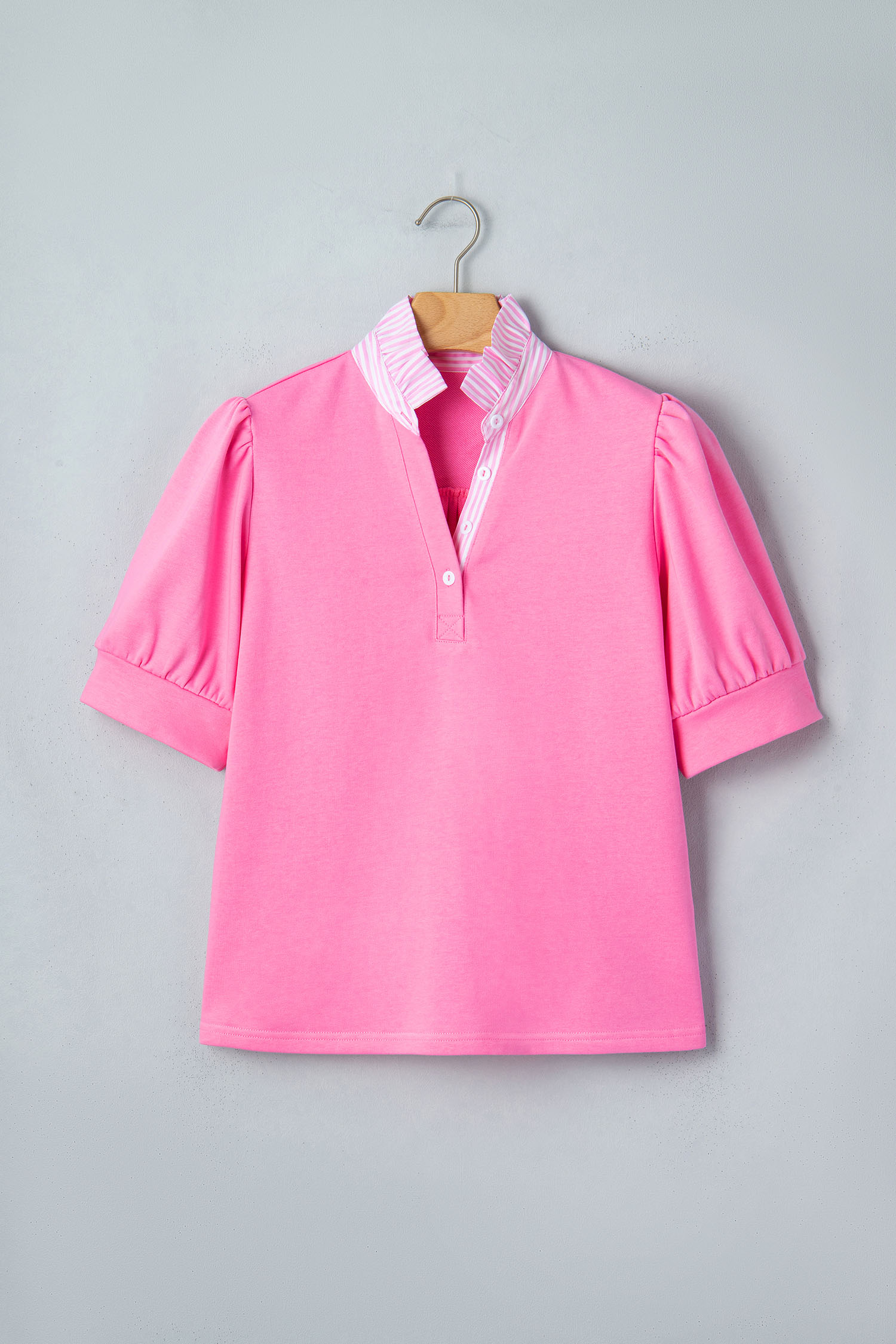 Chic Women's Stand Neck Blouse in Sachet Pink – Striped Short Sleeve Top for Office or Daily Wear - Detail View 6 Chic Women's Stand Neck Blouse in Sachet Pink – Striped Short Sleeve Top for Office or Daily Wear - Detail View 6