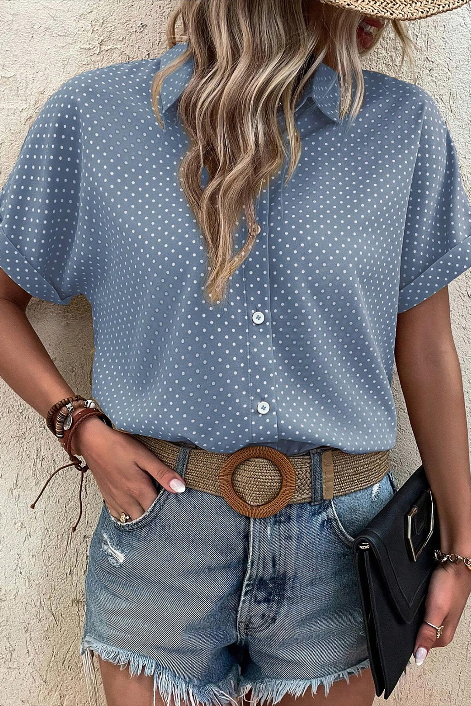 Casual Polka Dot Cuffed Sleeve Shirt – Women's Shift Blouse with Shirt Collar for Summer - Detail View 5 Casual Polka Dot Cuffed Sleeve Shirt – Women's Shift Blouse with Shirt Collar for Summer - Detail View 5