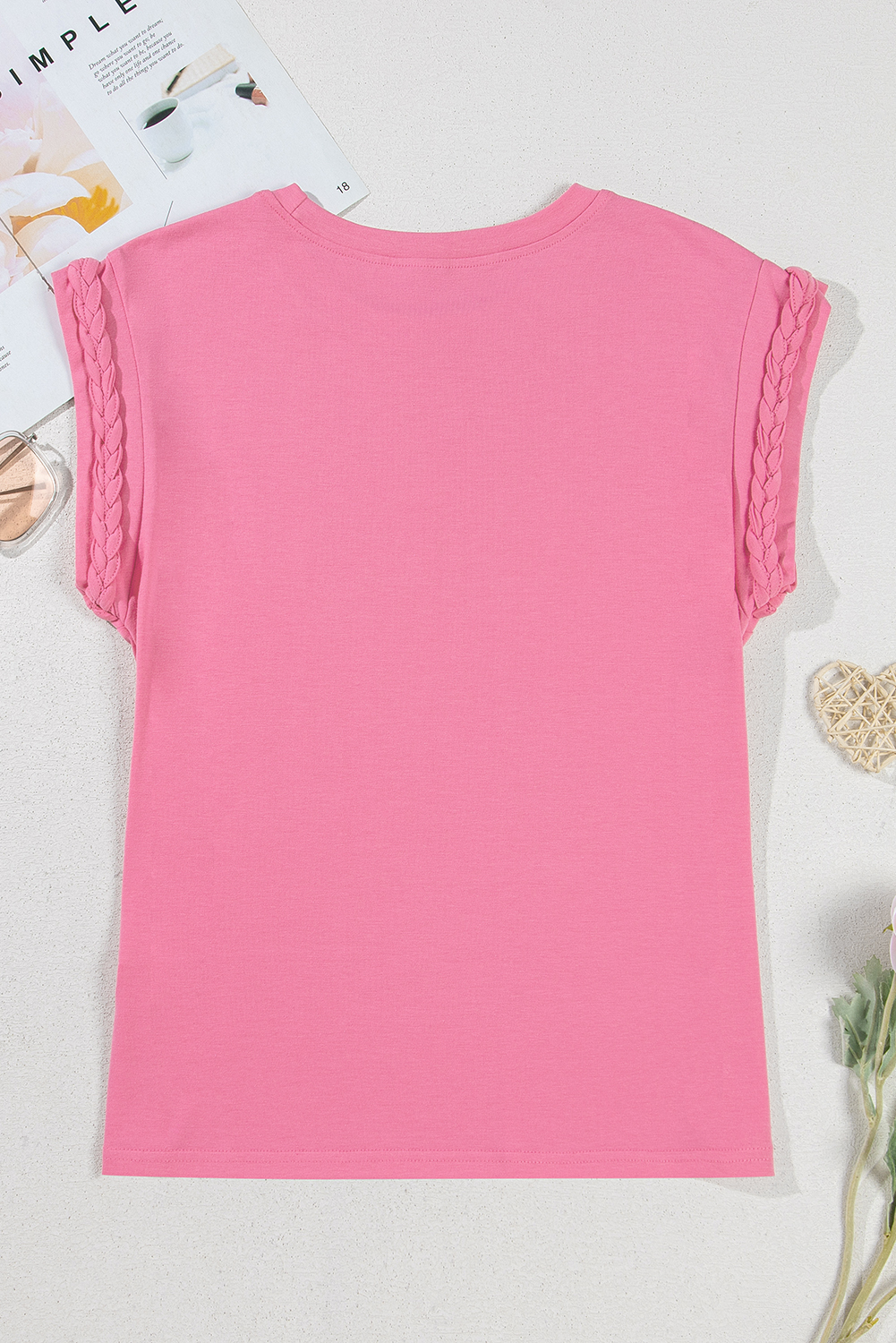 Women's T-Shirt, Bonbon Pink, Braided Cap Sleeve, Crew Neck, Casual Style, Summer Fashion, Daily Wear, Beachwear, Outdoor, Vacation, Solid Color, Comfortable, Modern Ladies, Tops, Tops & Tees - Detail View 4 Women's T-Shirt, Bonbon Pink, Braided Cap Sleeve, Crew Neck, Casual Style, Summer Fashion, Daily Wear, Beachwear, Outdoor, Vacation, Solid Color, Comfortable, Modern Ladies, Tops, Tops & Tees - Detail View 4