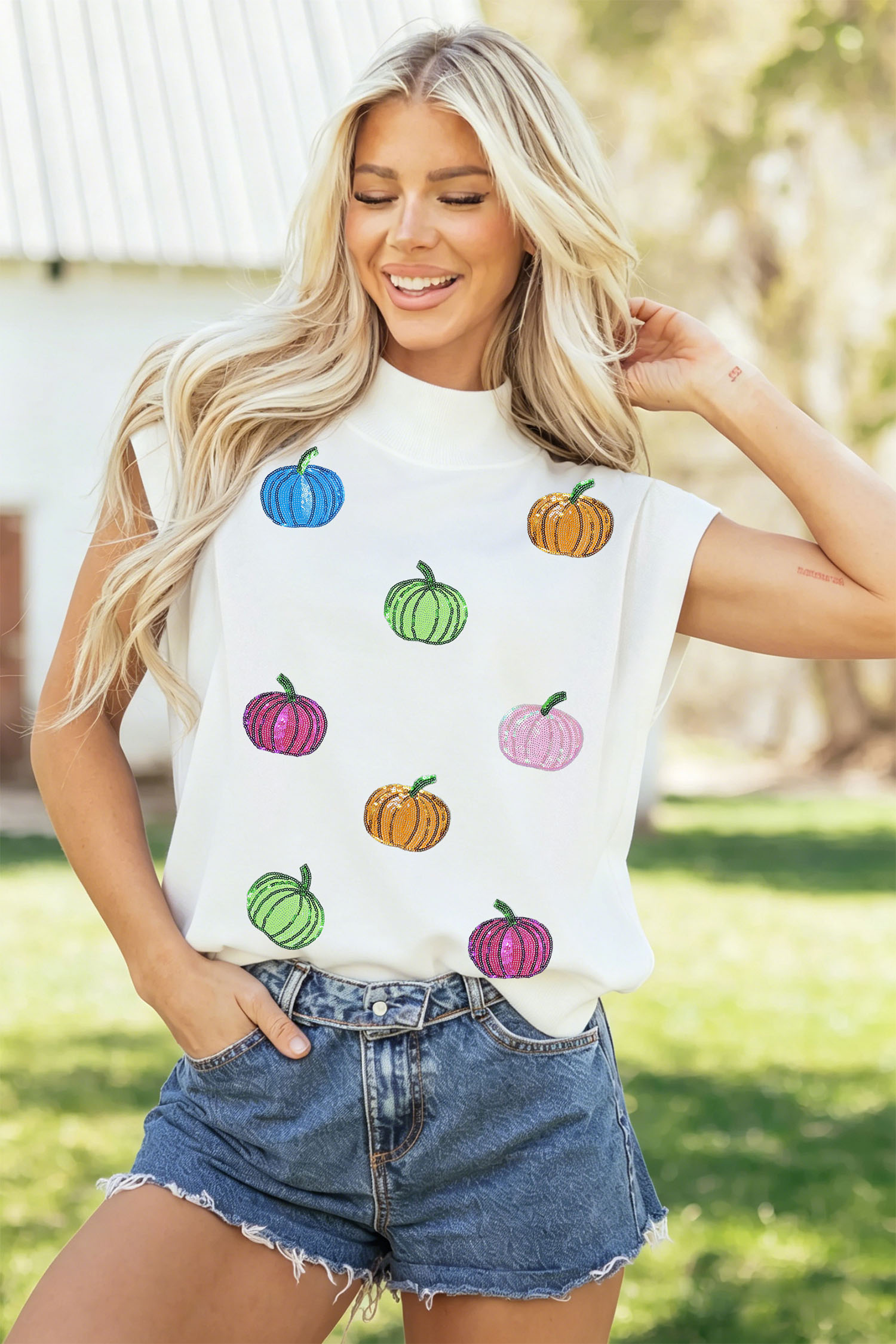 White Mock Neck Pumpkin Shirt, Casual Women's Sequin Apparel - Detail View 9 White Mock Neck Pumpkin Shirt, Casual Women's Sequin Apparel - Detail View 9