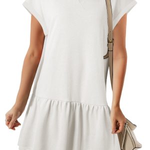 Casual Women's White Cap Sleeve Shift Dress – Effortless Summer Style for Daily Wear - Main View