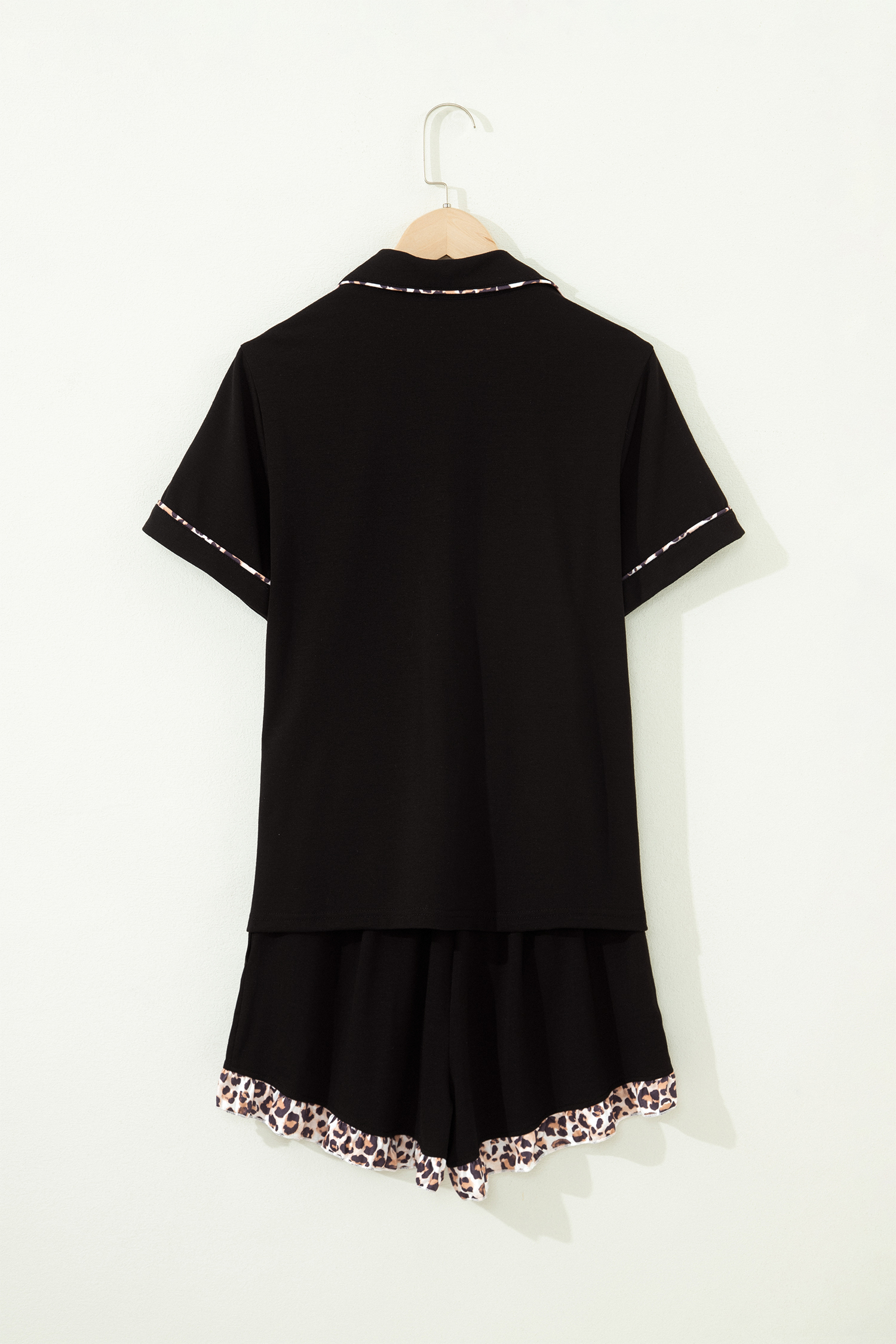 Casual Women's 2-Piece Pajama Set – Black Leopard Trim Shirt and Shorts, Soft Summer Loungewear Outfit - Detail View 5 Casual Women's 2-Piece Pajama Set – Black Leopard Trim Shirt and Shorts, Soft Summer Loungewear Outfit - Detail View 5