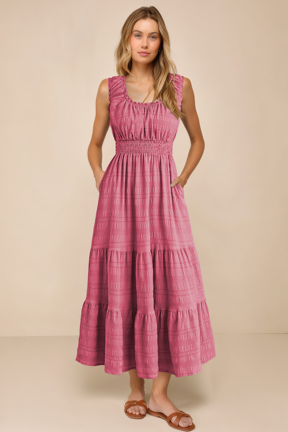 Women's Square Neck Sleeveless Summer Midi Dress – Shirred Bodice Pleated Casual Dress for Beach, Vacation, and Daily Wear, Rose - Detail View 5 Women's Square Neck Sleeveless Summer Midi Dress – Shirred Bodice Pleated Casual Dress for Beach, Vacation, and Daily Wear, Rose - Detail View 5