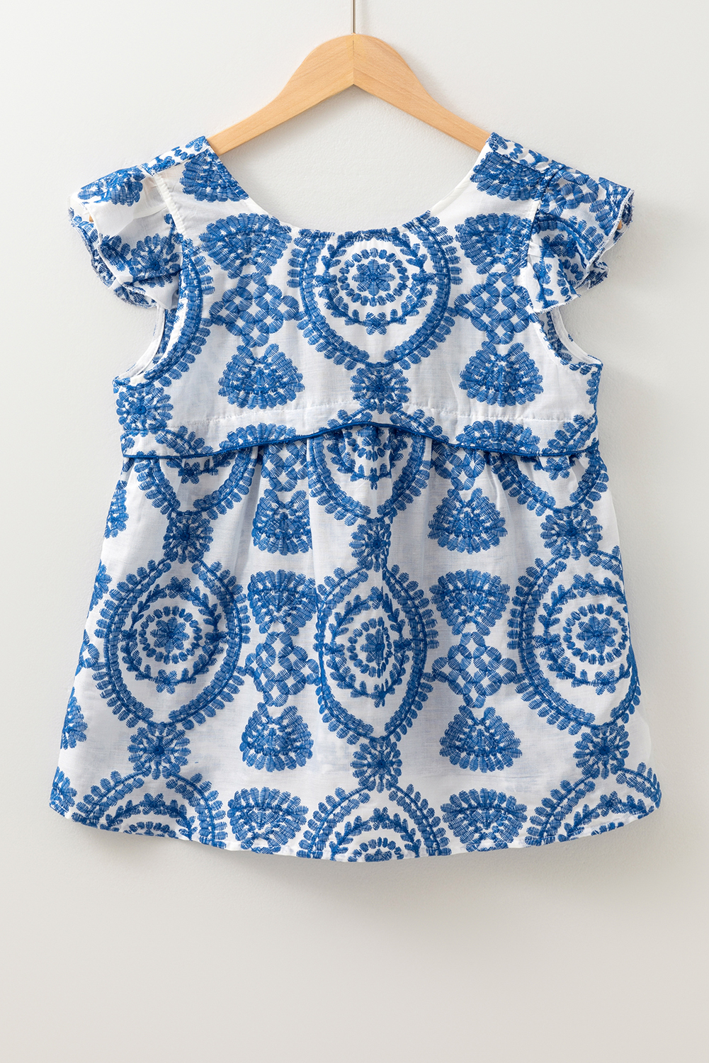 Women's Blouse, Blue Boho Print, Flutter Sleeve, Crew Neck, Casual Style, Floral Pattern, Summer Fashion, Daily Wear, Loose Fit, Versatile Top, Artistic Flair, Feminine Design, Shift Silhouette, 100% Polyester - Detail View 4 Women's Blouse, Blue Boho Print, Flutter Sleeve, Crew Neck, Casual Style, Floral Pattern, Summer Fashion, Daily Wear, Loose Fit, Versatile Top, Artistic Flair, Feminine Design, Shift Silhouette, 100% Polyester - Detail View 4