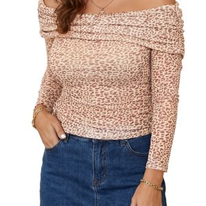 Women's Off Shoulder Mesh Top, Casual Leopard Print Blouse - Main View