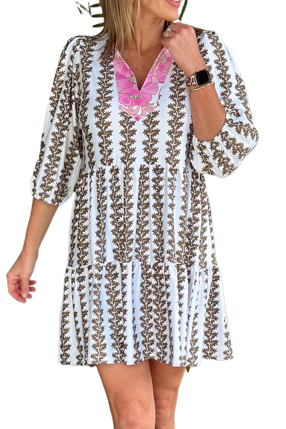 Women's Black Contrast Floral V Neck Printed Bracelet Sleeve Mini Dress - Main View Women's Black Contrast Floral V Neck Printed Bracelet Sleeve Mini Dress - Main View