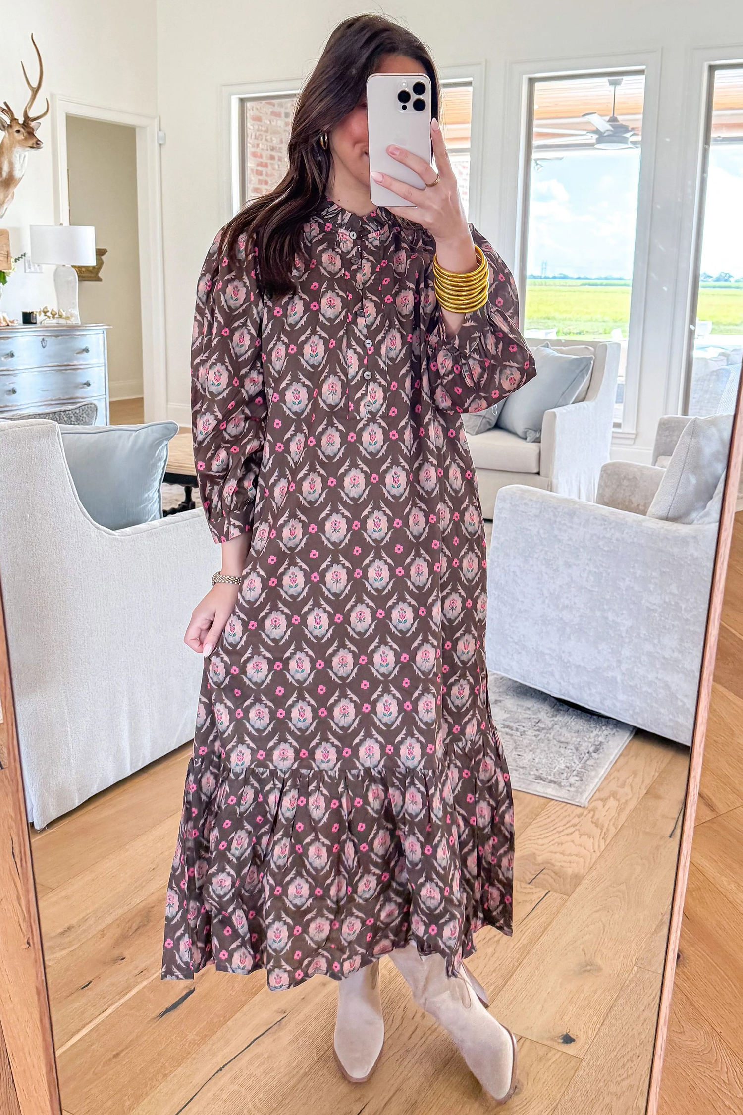 Autumn Floral Print Midi Dress, Button Front Southern Belle - Detail View 5 Autumn Floral Print Midi Dress, Button Front Southern Belle - Detail View 5