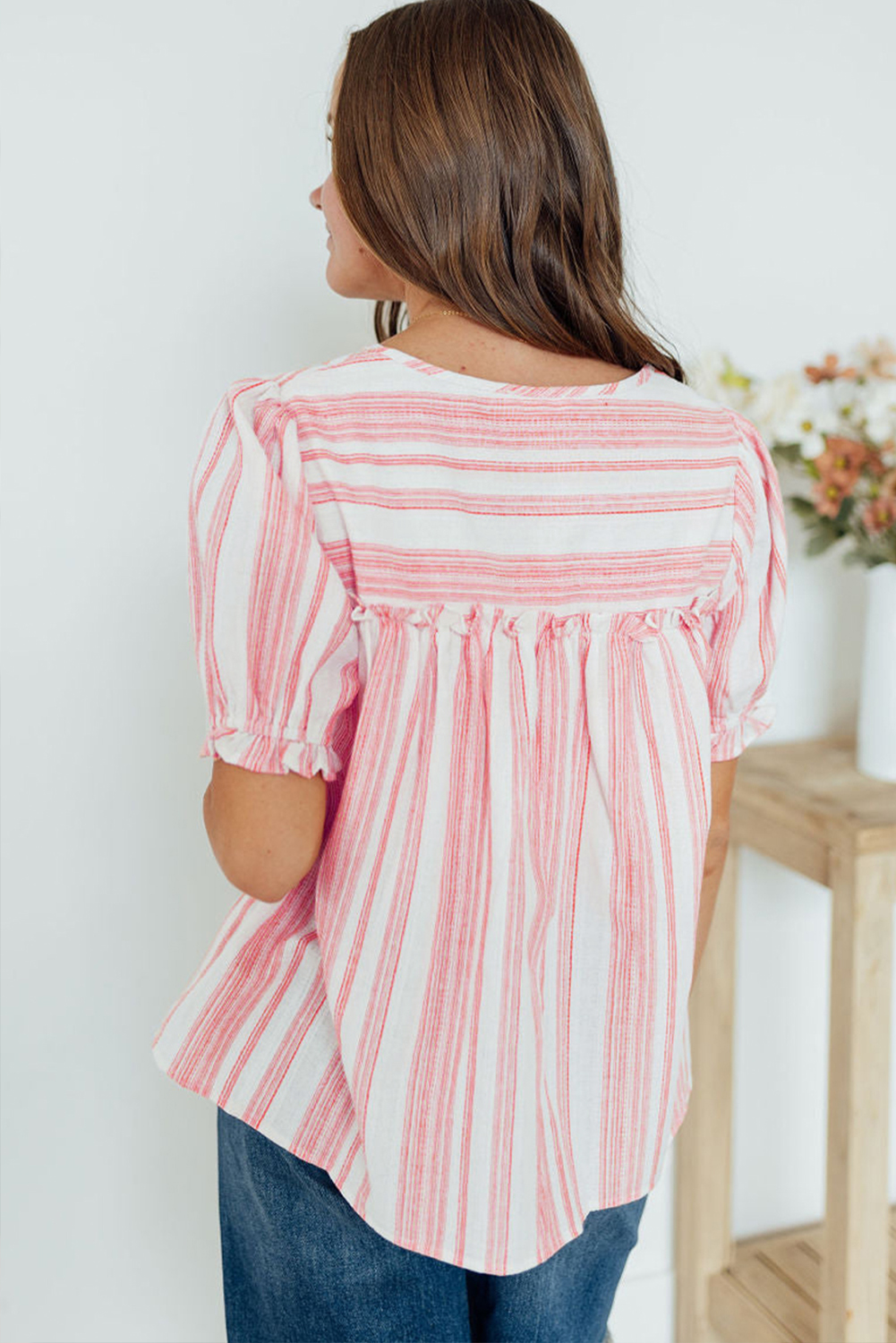 Flattering Plus Size Short Sleeve Blouse - Ruffled and Striped Design in Pink - Detail View 2 Flattering Plus Size Short Sleeve Blouse - Ruffled and Striped Design in Pink - Detail View 2