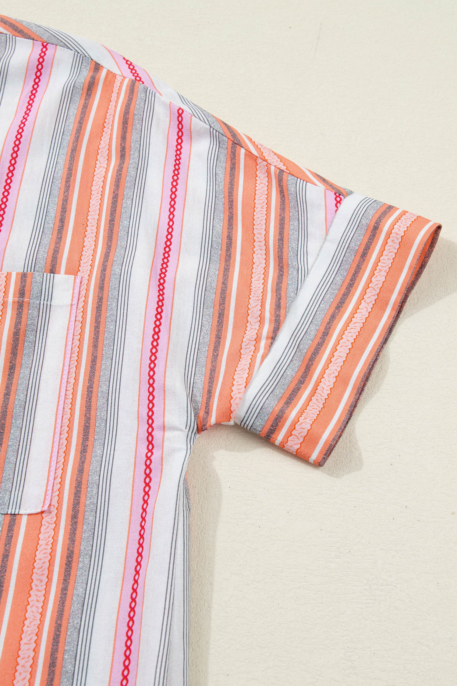 Women's Pink Stripe Short Sleeve Button-Up Shirt – Casual Summer Style for Daily Wear - Detail View 10 Women's Pink Stripe Short Sleeve Button-Up Shirt – Casual Summer Style for Daily Wear - Detail View 10