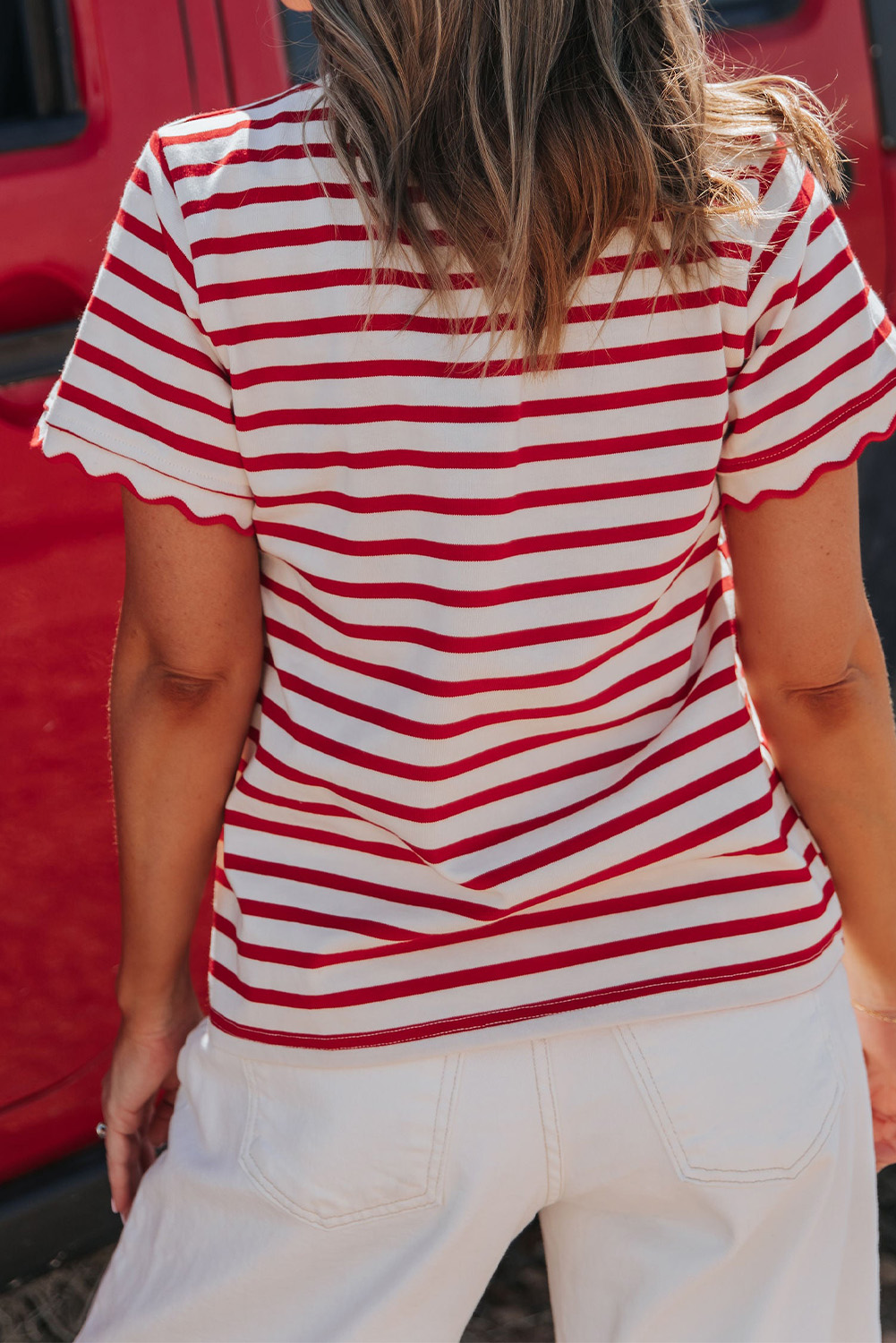 Summer-Ready Women's Red Stripe Round Neck Tee with Scalloped Trim – Effortless Casual Look - Detail View 3 Summer-Ready Women's Red Stripe Round Neck Tee with Scalloped Trim – Effortless Casual Look - Detail View 3