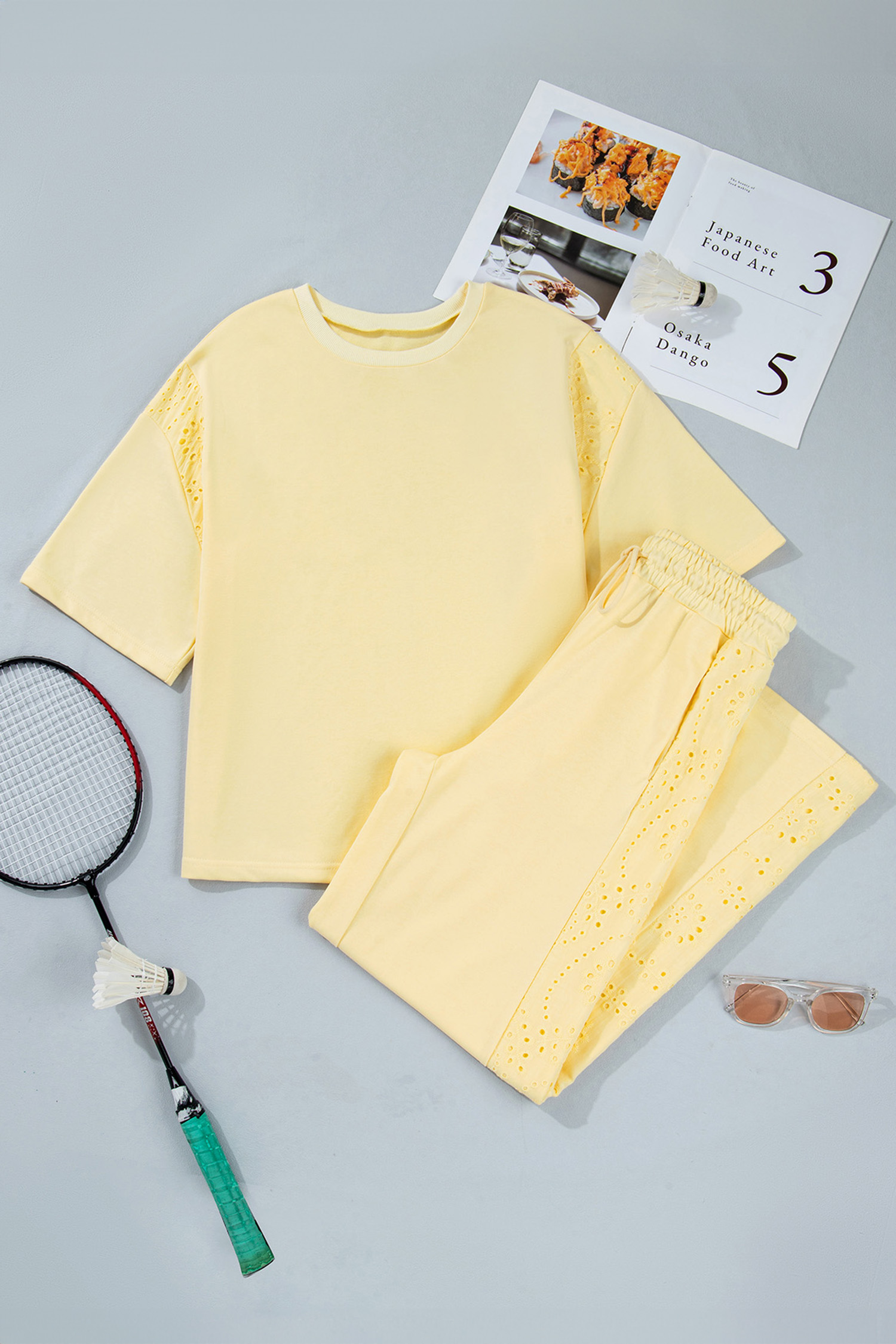 Stylish Vanilla Yellow Lounge Set for Women – Half Sleeve Lace Detail Top and High Waist Pants - Detail View 3 Stylish Vanilla Yellow Lounge Set for Women – Half Sleeve Lace Detail Top and High Waist Pants - Detail View 3