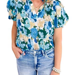 Women's Sky Blue Floral Print Blouse – Short Puff Sleeve V Neck, Casual Summer Style - Main View
