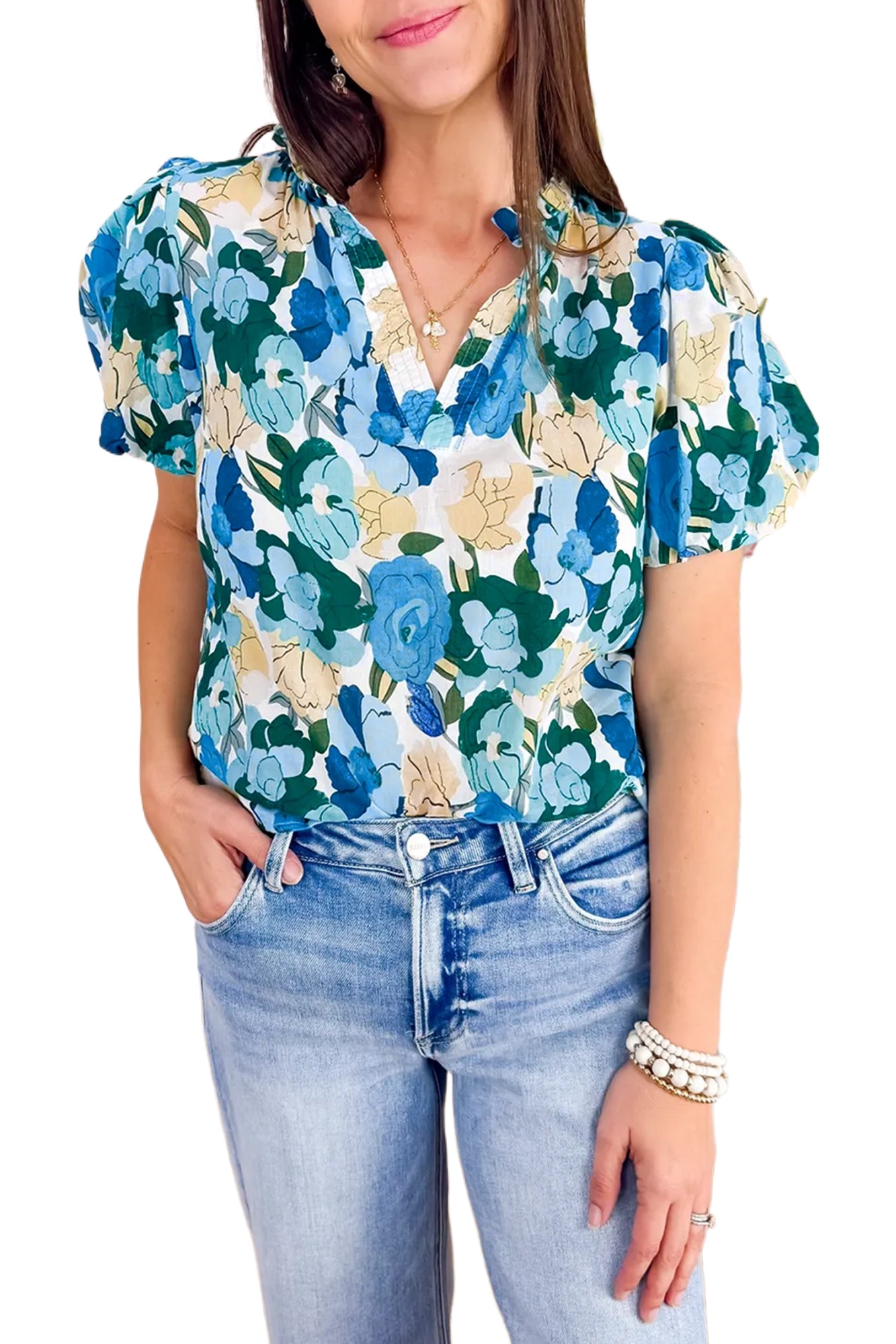 Women's Sky Blue Floral Print Blouse – Short Puff Sleeve V Neck, Casual Summer Style - Main View Women's Sky Blue Floral Print Blouse – Short Puff Sleeve V Neck, Casual Summer Style - Main View