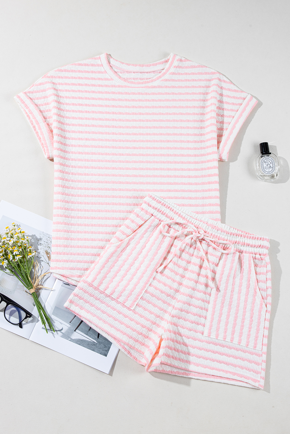 Comfortable Summer Outfit for Women - Knitted Stripe Top and Shorts Set with Pockets - Detail View 7 Comfortable Summer Outfit for Women - Knitted Stripe Top and Shorts Set with Pockets - Detail View 7