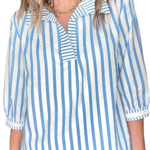 Women's Sky Blue Striped Blouse – Casual 3/4 Sleeve Textured Shirt with Collar for Daily Wear - Main View