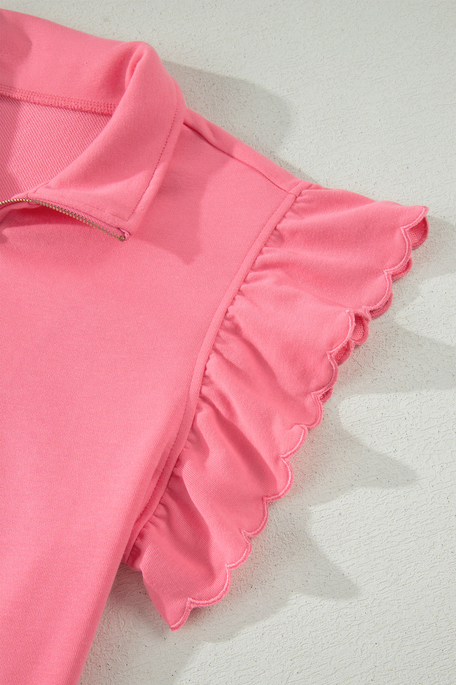 Women's Coral Ruffle Sleeve Short Set – Half Zip High Waist Casual Summer Lounge Set - Detail View 11 Women's Coral Ruffle Sleeve Short Set – Half Zip High Waist Casual Summer Lounge Set - Detail View 11