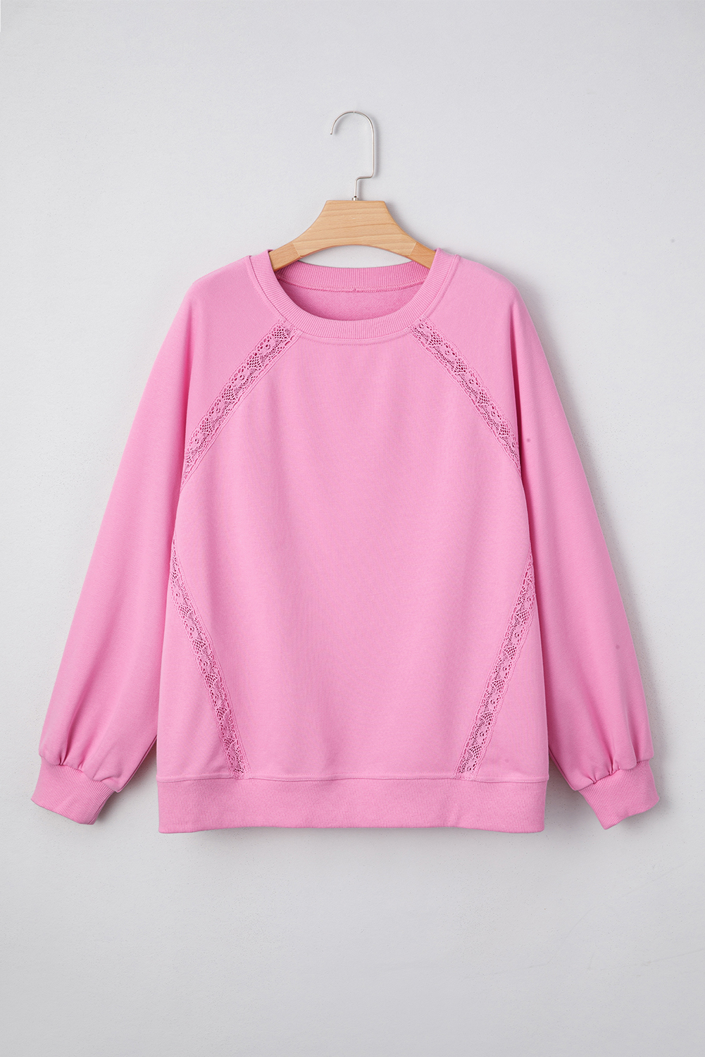 Women's Sweatshirt, Bright Pink, Lace Trim, Raglan Sleeve, Loose Fit, Casual, Long Sleeve, Round Neck, Daily Wear, Comfortable, Fashionable, Fall Fashion, Patchwork Design, Tops, Sweatshirts & Hoodies - Detail View 4 Women's Sweatshirt, Bright Pink, Lace Trim, Raglan Sleeve, Loose Fit, Casual, Long Sleeve, Round Neck, Daily Wear, Comfortable, Fashionable, Fall Fashion, Patchwork Design, Tops, Sweatshirts & Hoodies - Detail View 4