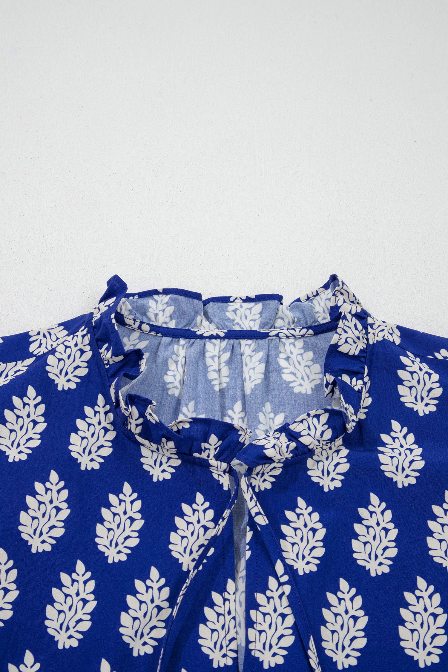 Blue Floral Botanical Blouse for Women – Plus Size V Neck Ruffle Sleeve Top, Relaxed Casual Summer Shift - Detail View 8 Blue Floral Botanical Blouse for Women – Plus Size V Neck Ruffle Sleeve Top, Relaxed Casual Summer Shift - Detail View 8