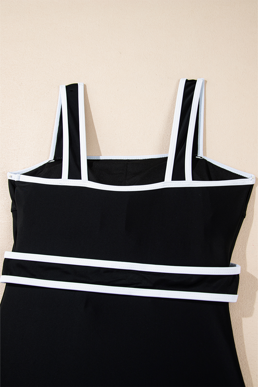 Sleek Black One Piece Swimsuit - Colorblock Trim and Adjustable Waist Tie - Detail View 18 Sleek Black One Piece Swimsuit - Colorblock Trim and Adjustable Waist Tie - Detail View 18