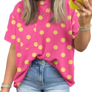 Women's Polka Dot Pink Short Sleeve Top – Casual Round Neck Jacquard Texture T-Shirt with Pocket - Main View