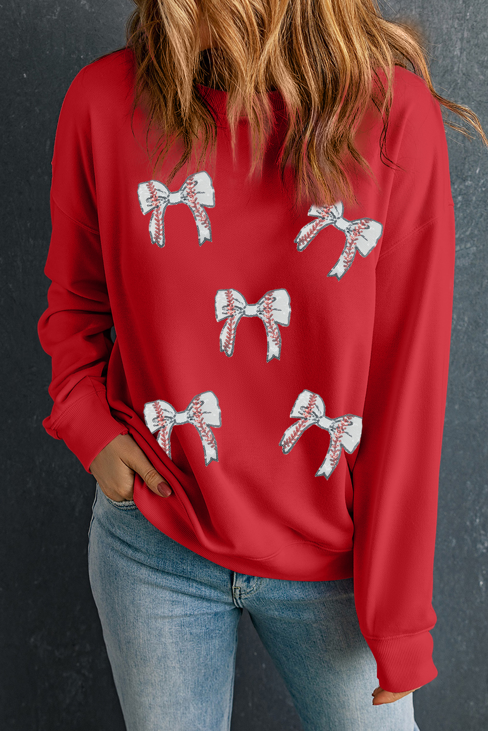 Trendy Plus Size Red Sweatshirt with Sequin Bow Detail - Perfect for Game Day - Detail View 6 Trendy Plus Size Red Sweatshirt with Sequin Bow Detail - Perfect for Game Day - Detail View 6