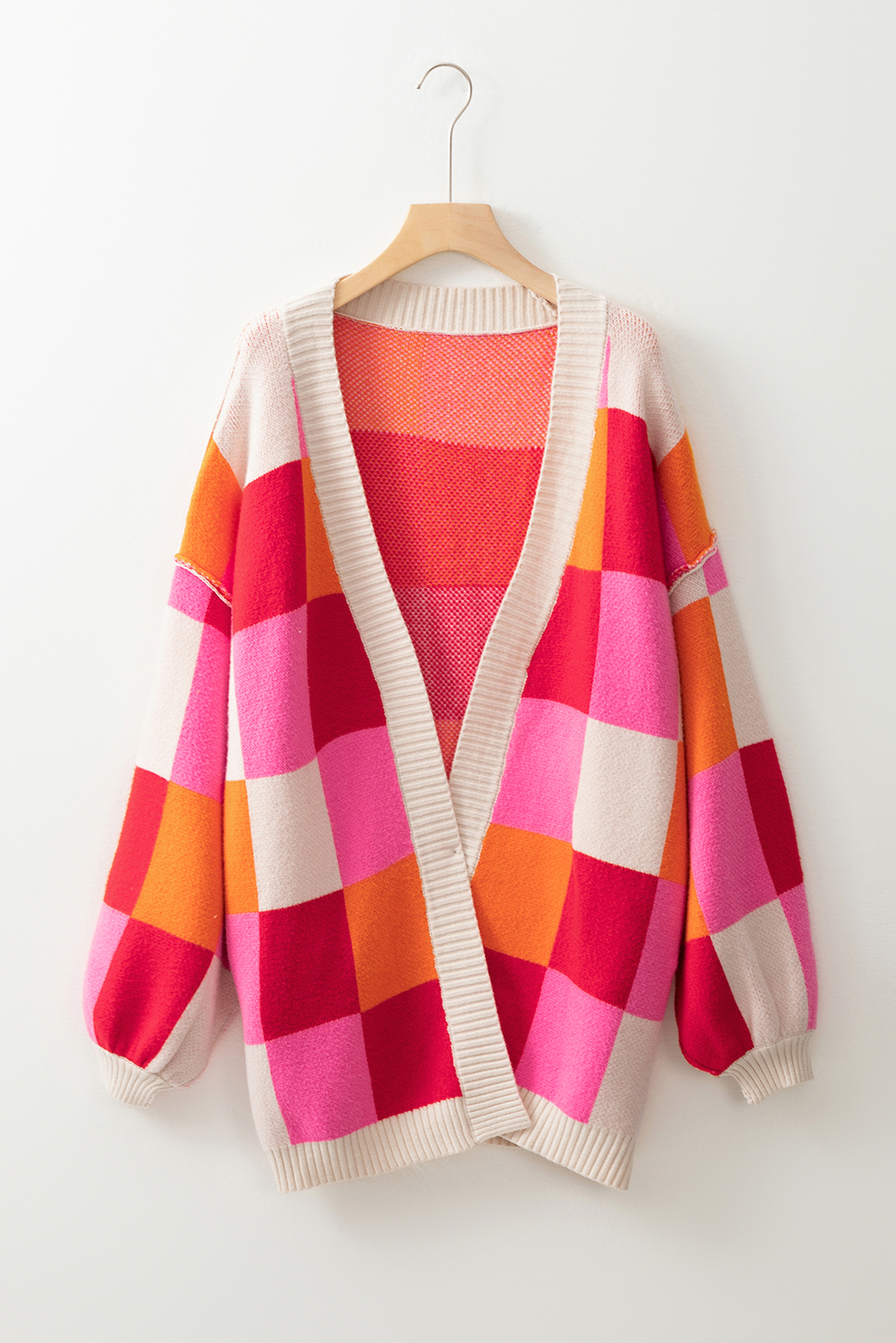 Colorblock Checkered Cardigan, Casual Winter Knit Outerwear - Detail View 5 Colorblock Checkered Cardigan, Casual Winter Knit Outerwear - Detail View 5