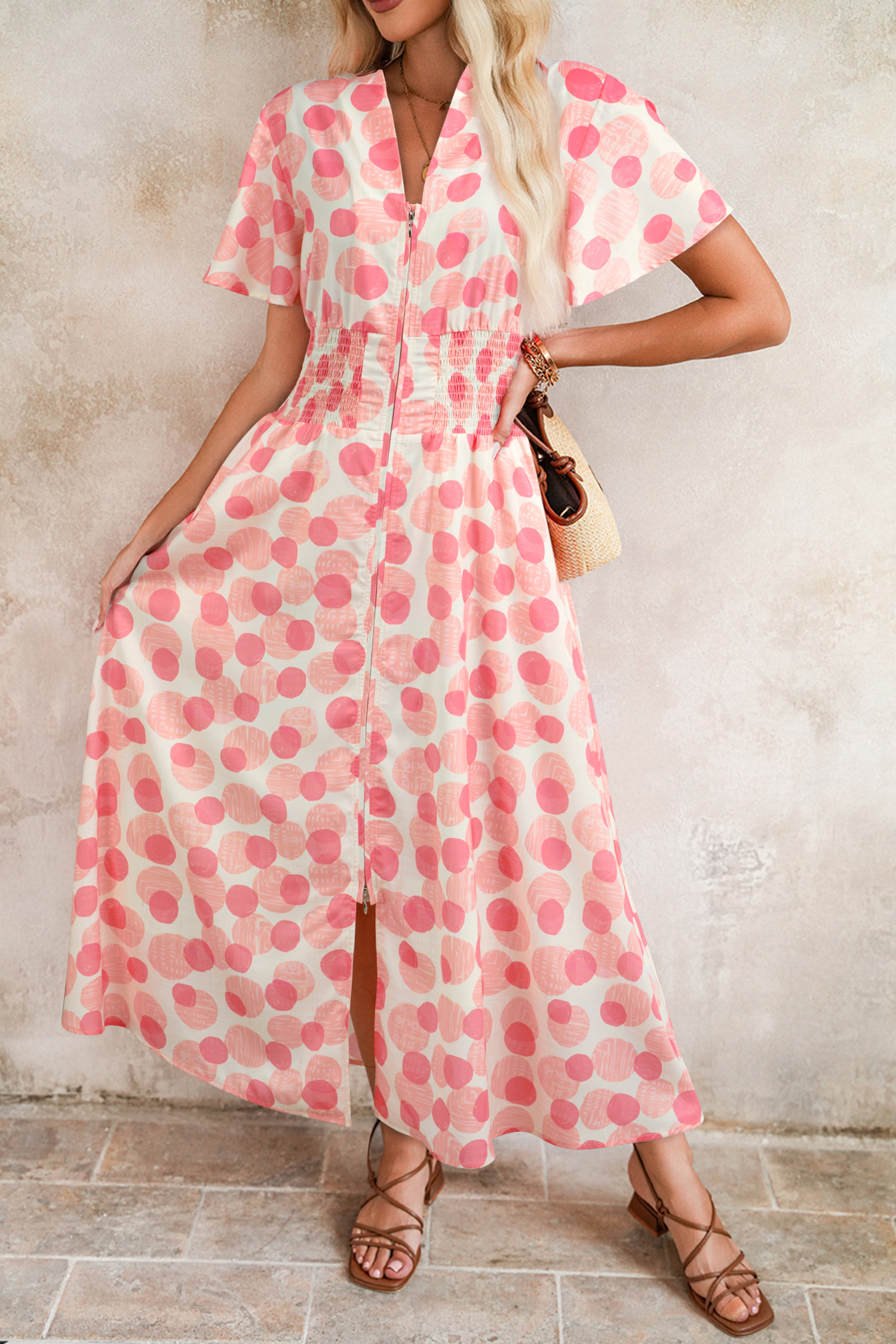 Women's Pink Polka Dot Maxi Dress – Elegant High Waist A-Line Long Dress with Smocked Waist - Detail View 13 Women's Pink Polka Dot Maxi Dress – Elegant High Waist A-Line Long Dress with Smocked Waist - Detail View 13