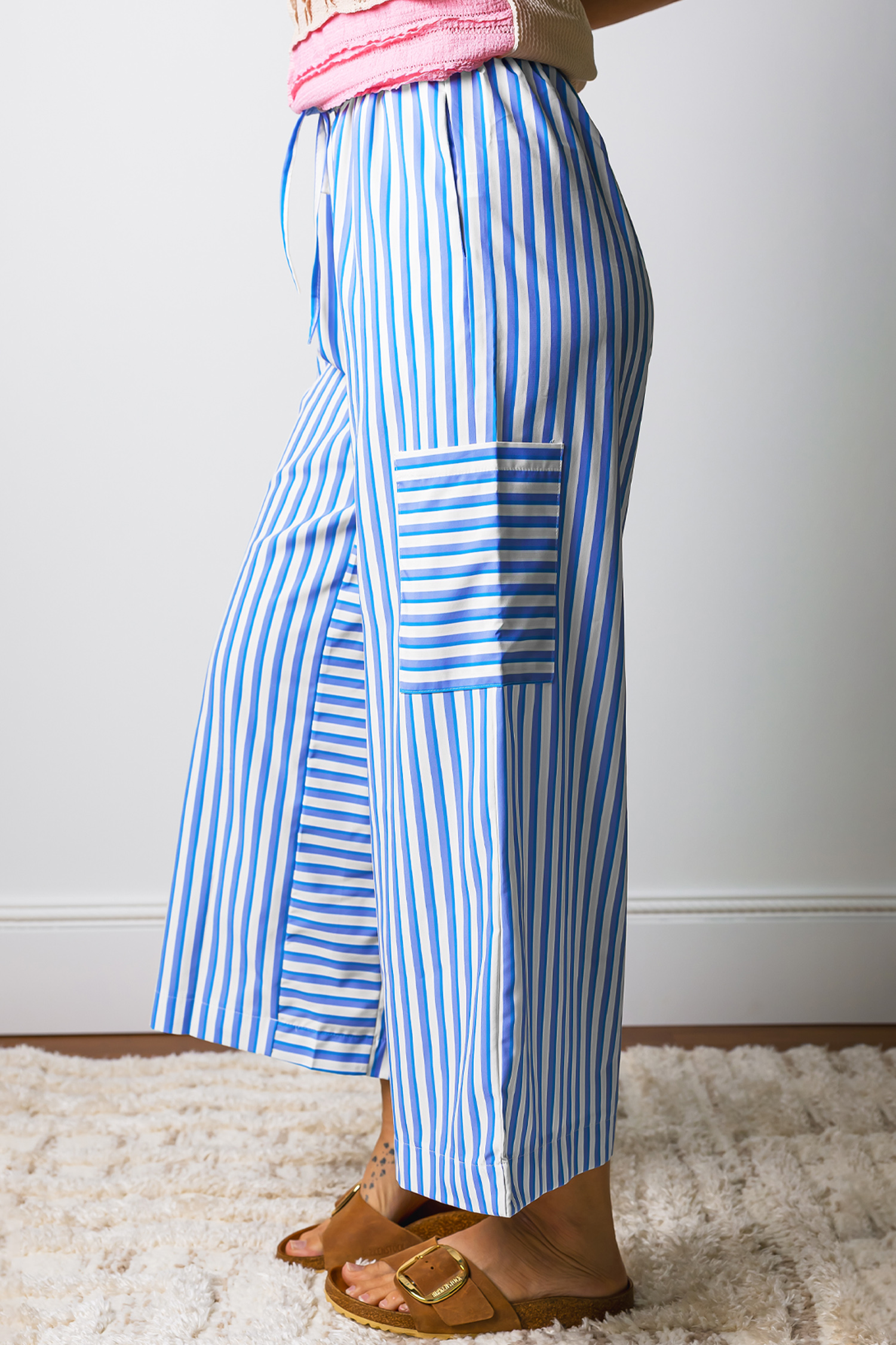 Chic Striped Wide Leg Women's Pants – Southern Belle Style Ankle Trousers with Patch Pockets - Detail View 3 Chic Striped Wide Leg Women's Pants – Southern Belle Style Ankle Trousers with Patch Pockets - Detail View 3
