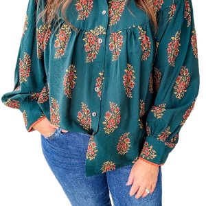 Women's Green Floral Print Pleated Shirt – Casual Lacy Trim Top for Spring Outings - Main View