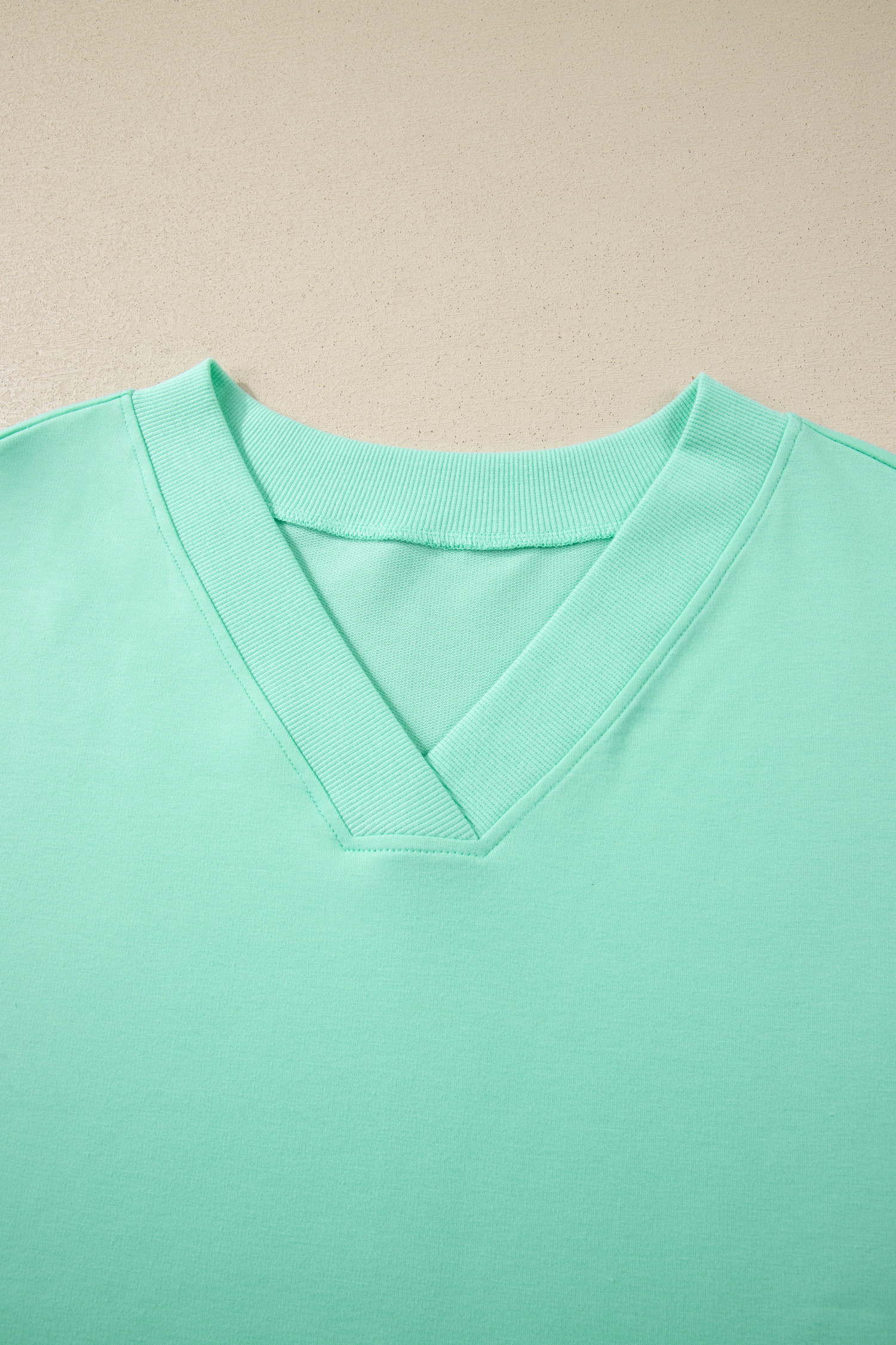 Women's Mint Green Two-Piece Lounge Set – V-Neck Short Sleeve Tee and High Waist Pants - Detail View 10 Women's Mint Green Two-Piece Lounge Set – V-Neck Short Sleeve Tee and High Waist Pants - Detail View 10