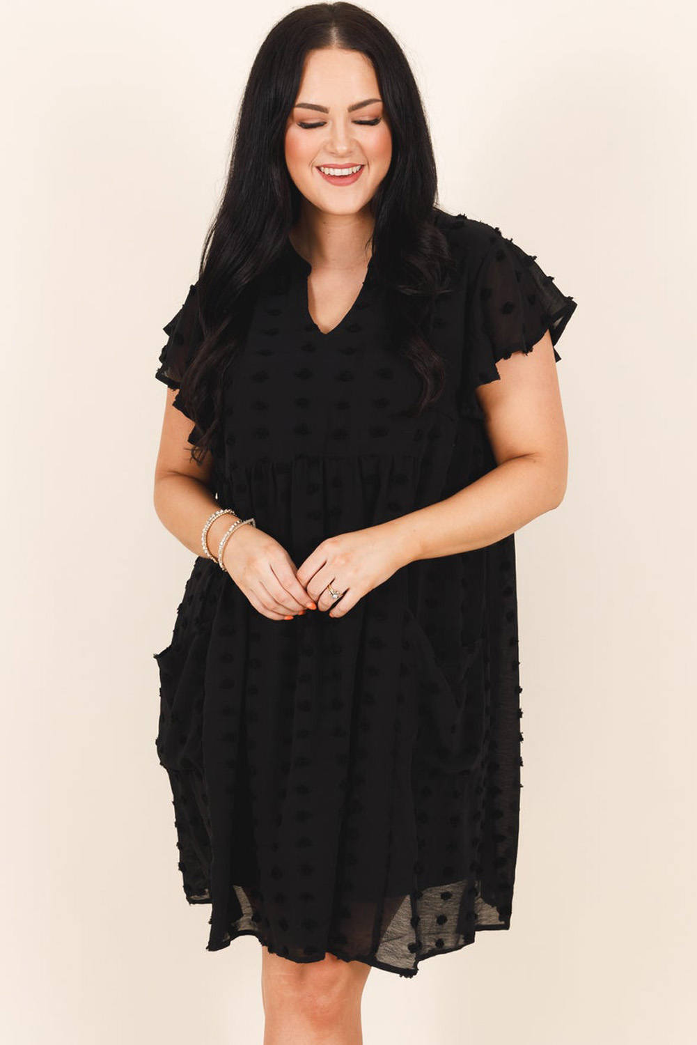 Plus Size Dress, Black Dress, Polka Dot Texture, Ruffled Details, Notched Neck, Feminine Charm, Flattering Fit, Weddings, Parties, Casual Wear, Short Sleeve, H-Line Silhouette, 100% Polyester, Comfortable Dress - Detail View 4 Plus Size Dress, Black Dress, Polka Dot Texture, Ruffled Details, Notched Neck, Feminine Charm, Flattering Fit, Weddings, Parties, Casual Wear, Short Sleeve, H-Line Silhouette, 100% Polyester, Comfortable Dress - Detail View 4