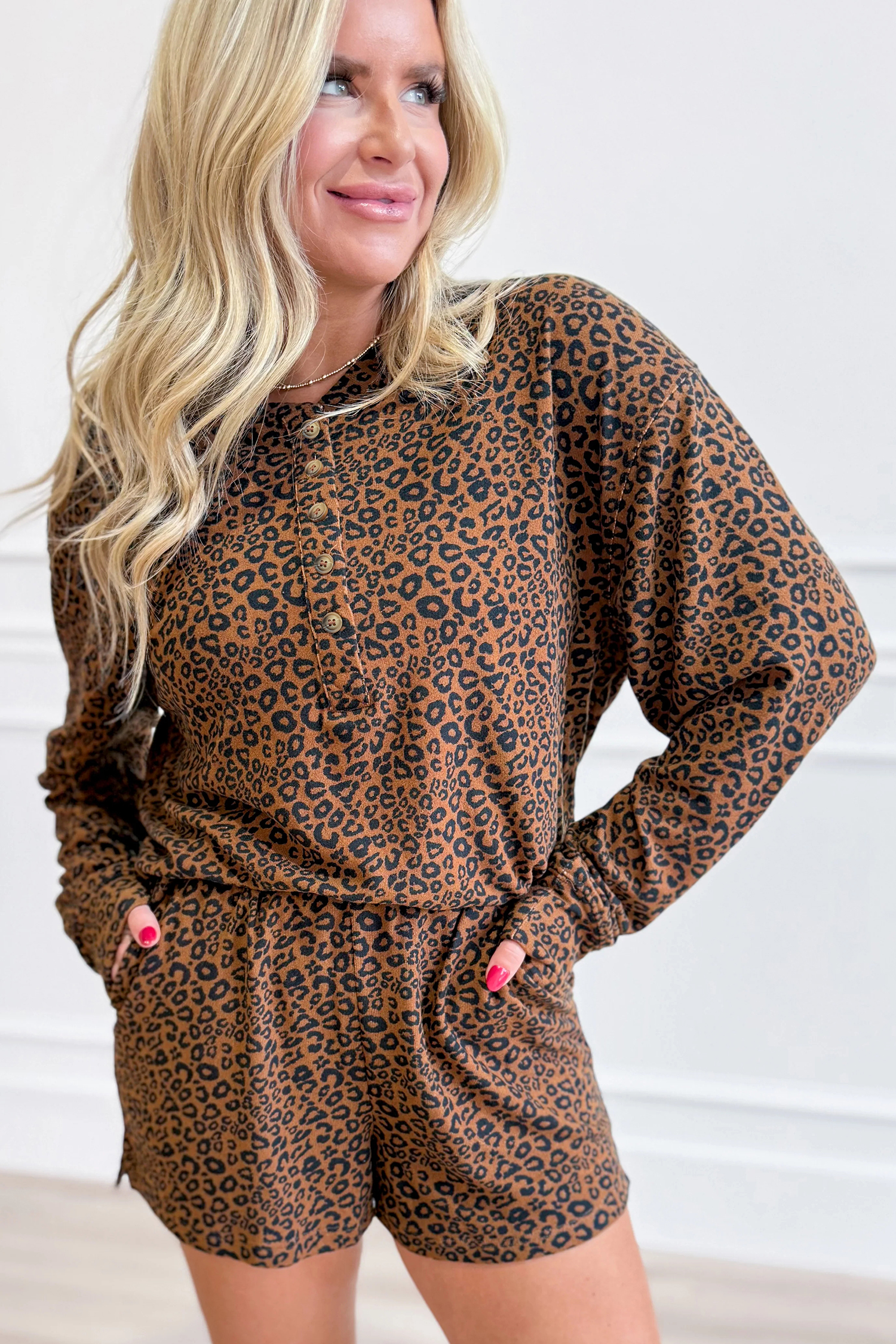 Women's Brown Leopard Short Set, Long Sleeve Casual Apparel - Detail View 3 Women's Brown Leopard Short Set, Long Sleeve Casual Apparel - Detail View 3