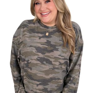 Women's Camo Print Blouse, Casual Long Sleeve Crew Neck Top - Main View