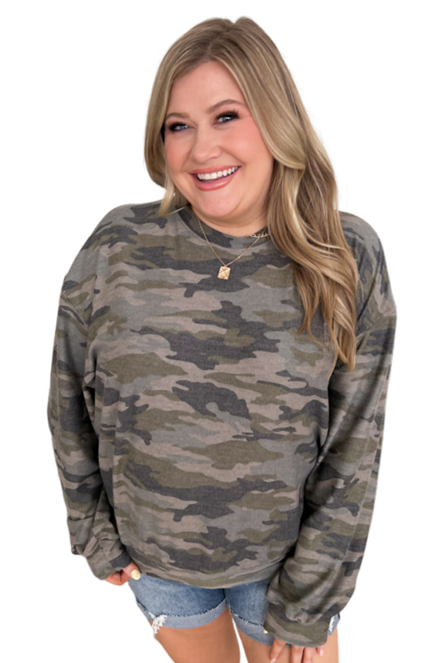 Women's Camo Print Blouse, Casual Long Sleeve Crew Neck Top - Main View Women's Camo Print Blouse, Casual Long Sleeve Crew Neck Top - Main View