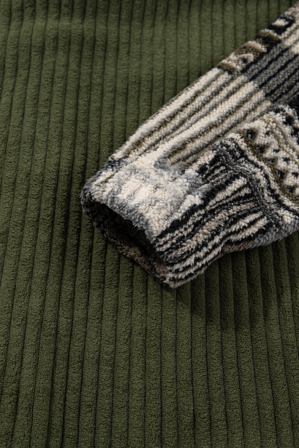 Women's Jungle Green Plaid Patchwork Button-Up Jacket – Ribbed Fleece Corduroy for Daily Casual Wear - Detail View 10 Women's Jungle Green Plaid Patchwork Button-Up Jacket – Ribbed Fleece Corduroy for Daily Casual Wear - Detail View 10