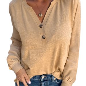 Women's Light French Beige V-Neck Long Sleeve Casual Top - Main View