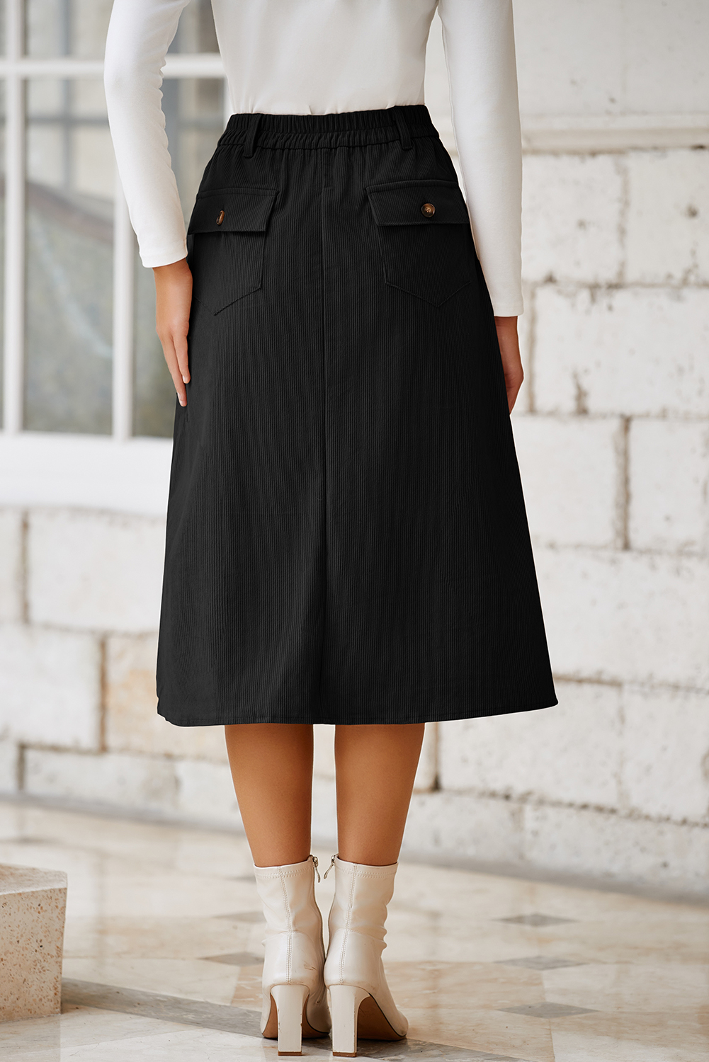 Chic Black Midi Skirt with Front Slit – High Waist Casual Design for Modern Women - Detail View 2 Chic Black Midi Skirt with Front Slit – High Waist Casual Design for Modern Women - Detail View 2