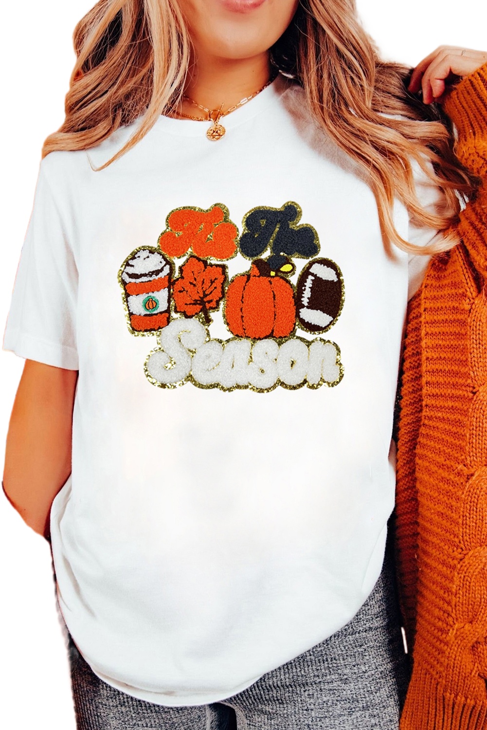 Casual Short Sleeve Round Neck Tee for Pumpkin Spice Enthusiasts - Perfect for Fall - Detail View 2 Casual Short Sleeve Round Neck Tee for Pumpkin Spice Enthusiasts - Perfect for Fall - Detail View 2