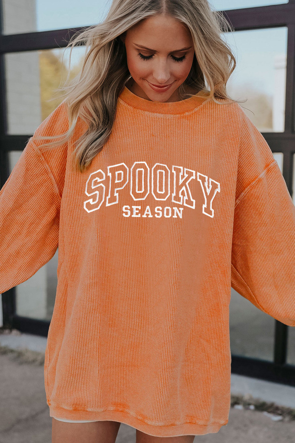 Women's Orange SPOOKY SEASON Embroidered Letter Graphic Twisted Ribbed Sweatshirt for Halloween - Detail View 5 Women's Orange SPOOKY SEASON Embroidered Letter Graphic Twisted Ribbed Sweatshirt for Halloween - Detail View 5