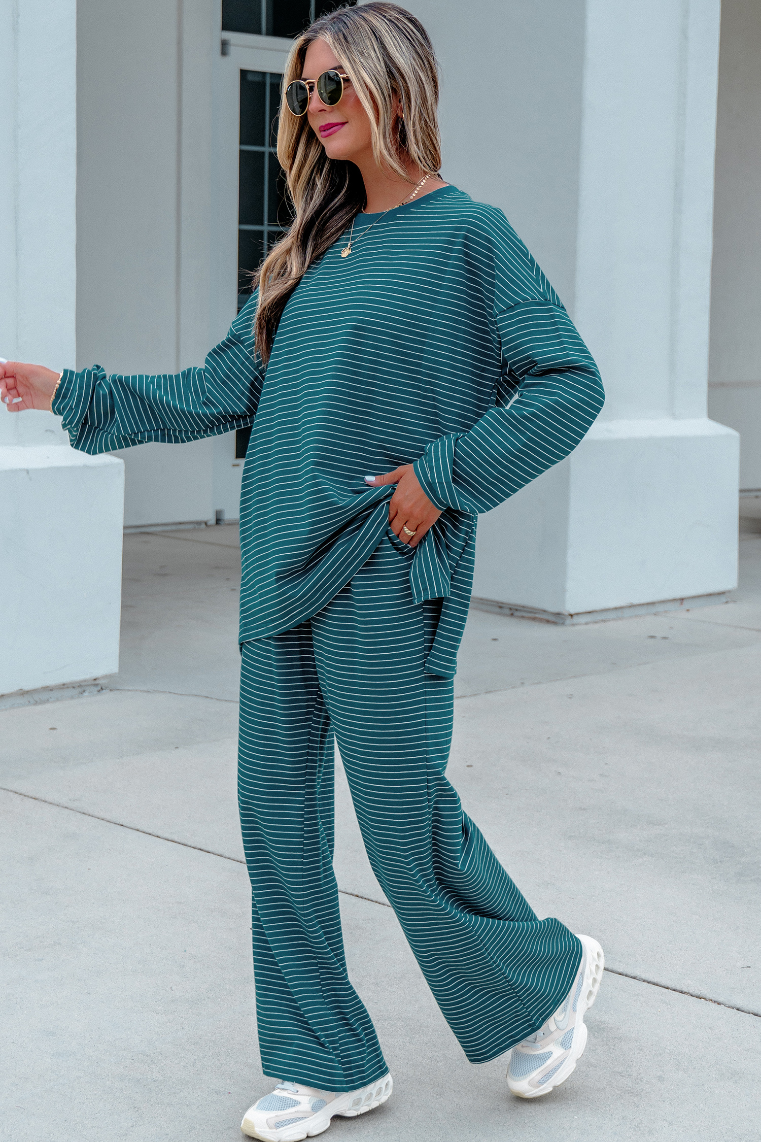Women's Cotton Blend Set, Wide Leg Pants Casual Matching - Detail View 3 Women's Cotton Blend Set, Wide Leg Pants Casual Matching - Detail View 3
