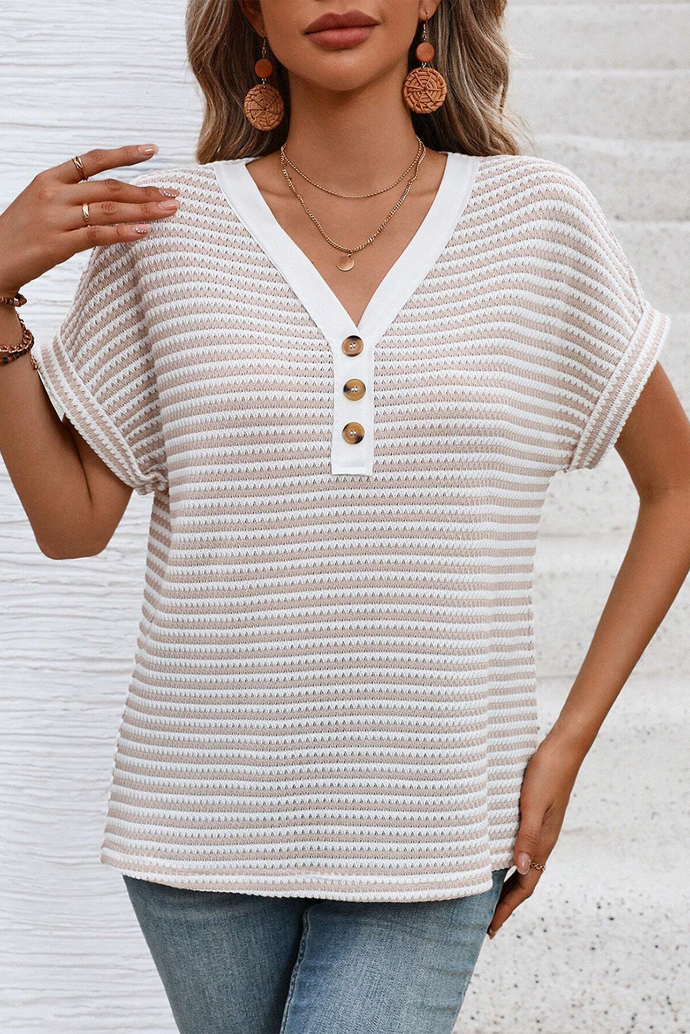 Women's Khaki Stripe Knitted V Neck T-Shirt with Buttoned Front - Detail View 13 Women's Khaki Stripe Knitted V Neck T-Shirt with Buttoned Front - Detail View 13