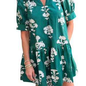 Green Frilled V-Neck Women's Floral Mini Dress – Puff Short Sleeve, High Waist for Summer Vacation & Casual Wear - Main View