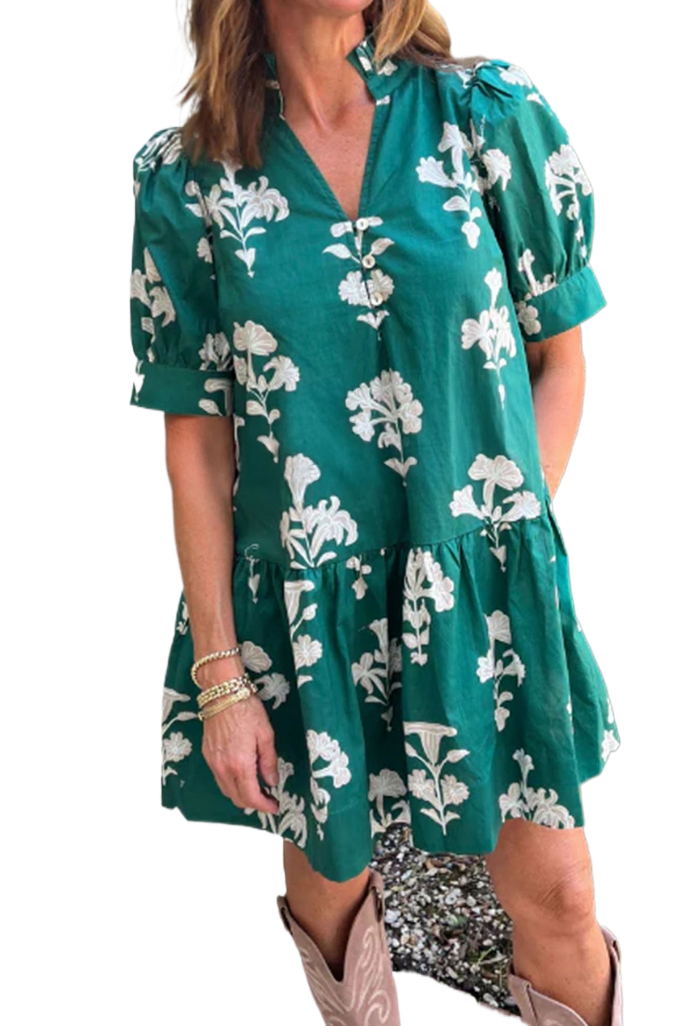 Green Frilled V-Neck Women's Floral Mini Dress – Puff Short Sleeve, High Waist for Summer Vacation & Casual Wear - Main View Green Frilled V-Neck Women's Floral Mini Dress – Puff Short Sleeve, High Waist for Summer Vacation & Casual Wear - Main View